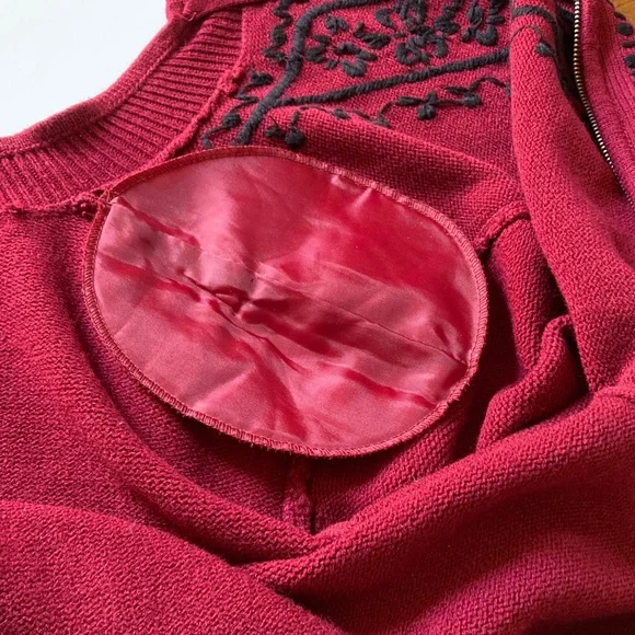 Deep Red Zip-Up Cardigan with Black Embroidered Panels - Picture 5 of 7